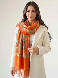 LARGE ORANGE COLOURFUL PAISLEY CASHMERE COTTON BLEND WINTER SHAWL BLANKET SCARF