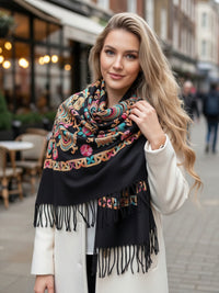 LARGE BLACK COLOURFUL PAISLEY CASHMERE COTTON BLEND WINTER SHAWL BLANKET SCARF