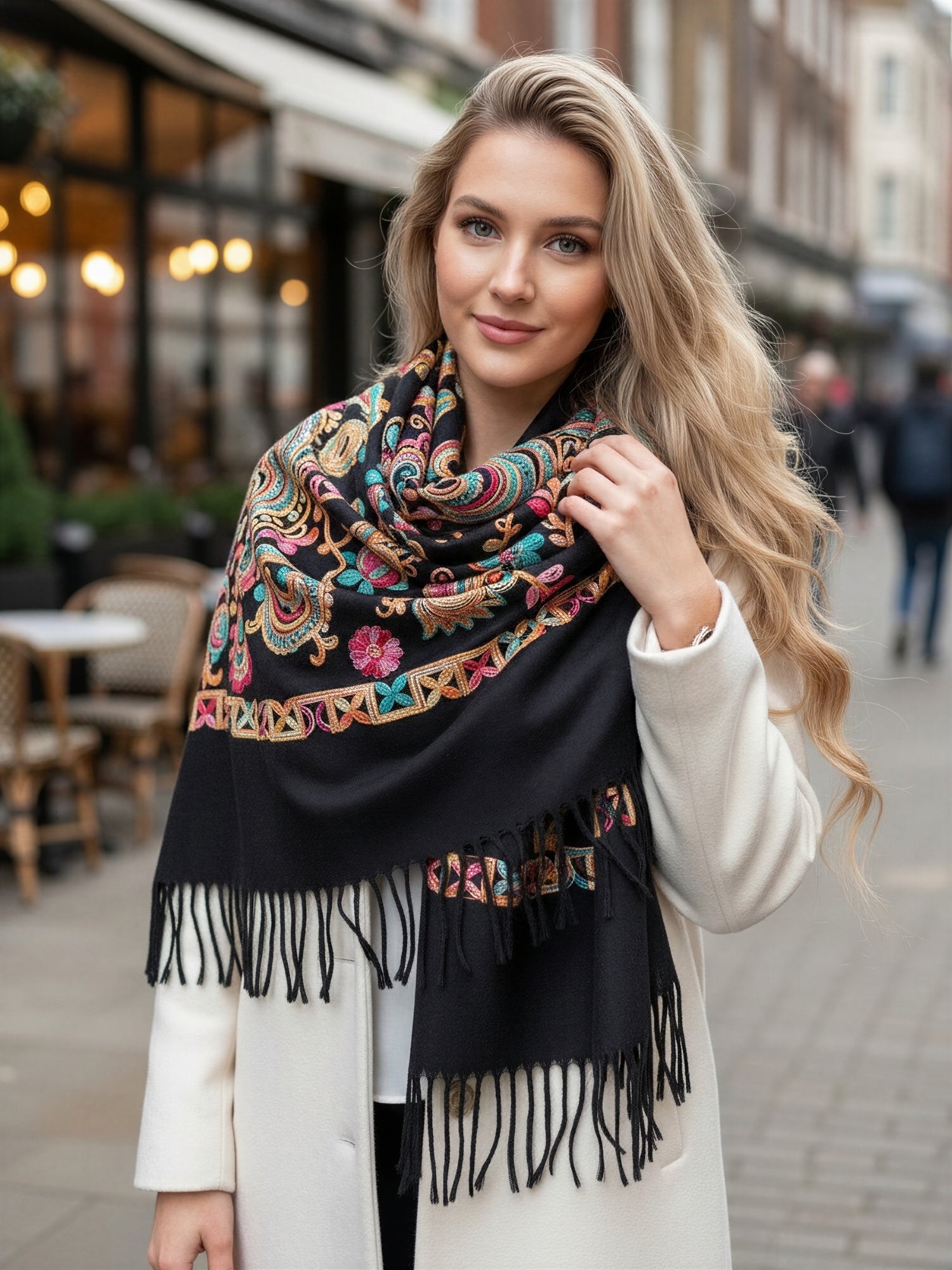 LARGE BLACK COLOURFUL PAISLEY CASHMERE COTTON BLEND WINTER SHAWL BLANKET SCARF