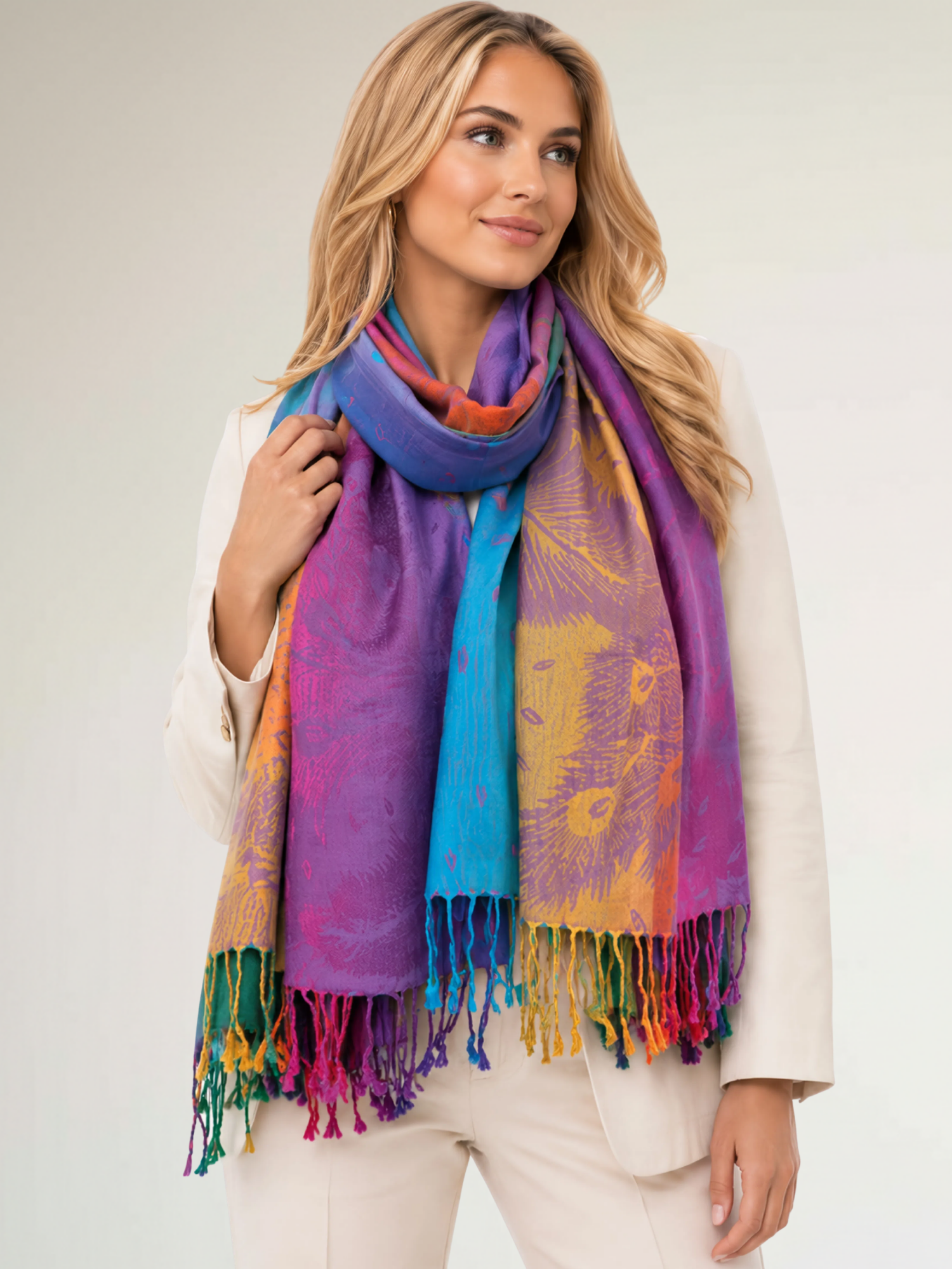 LARGE PURPLE RAINBOW FEATHER AND LEAF PRINT PASHMINA SHAWL SCARF