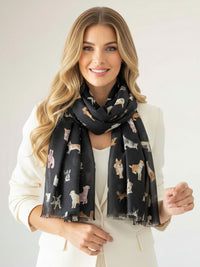 BLACK COTTON BLEND DOG PRINT LIGHTWEIGHT SCARF - A-SHU.CO.UK