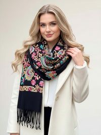 LARGE BLACK COLOURFUL PAISLEY CASHMERE COTTON BLEND WINTER SHAWL BLANKET SCARF