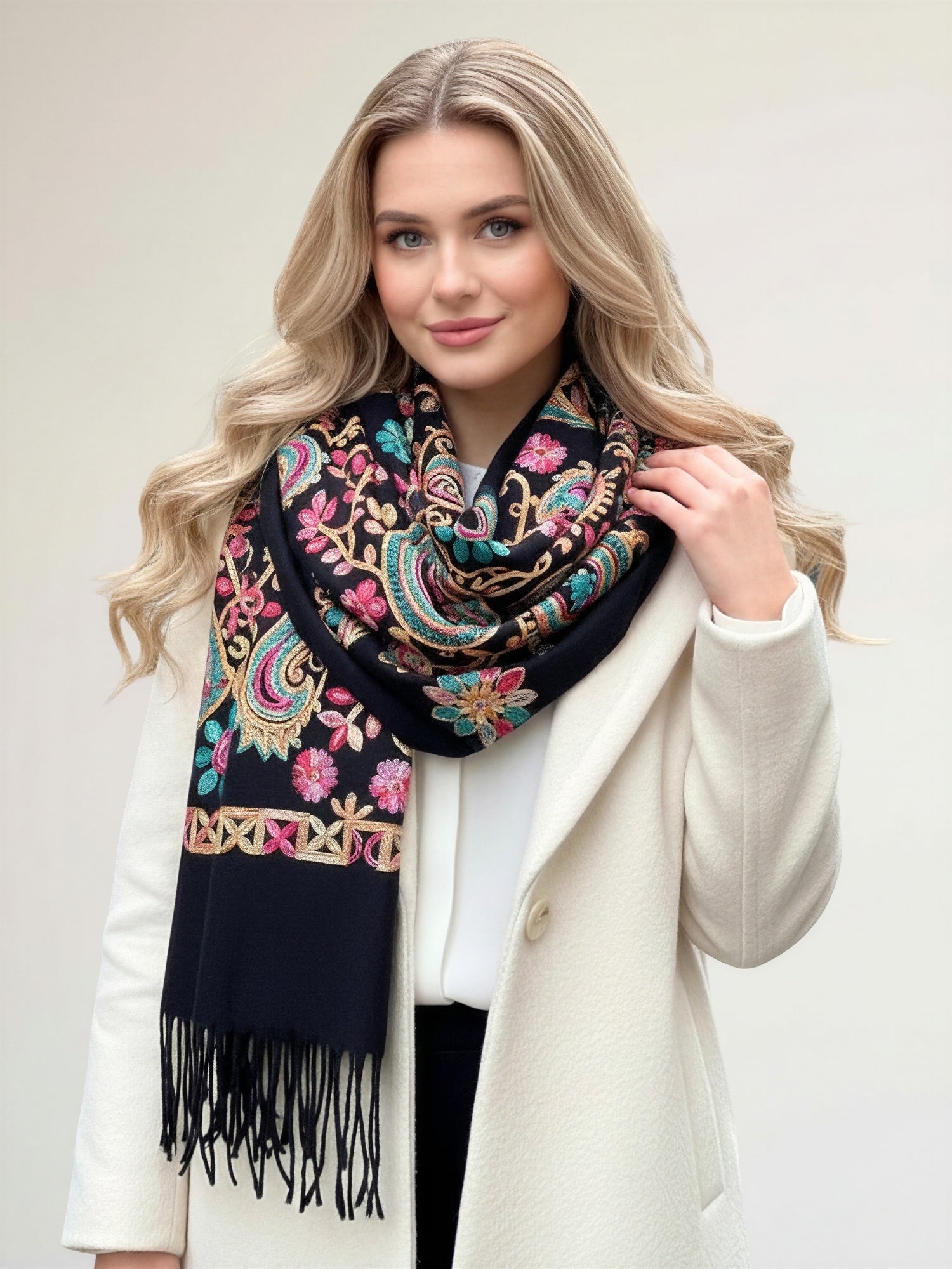 LARGE BLACK COLOURFUL PAISLEY CASHMERE COTTON BLEND WINTER SHAWL BLANKET SCARF