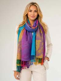 LARGE PURPLE RAINBOW FEATHER AND LEAF PRINT PASHMINA SHAWL SCARF