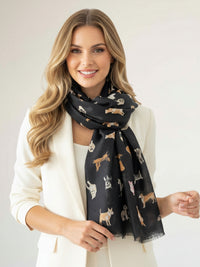 BLACK COTTON BLEND DOG PRINT LIGHTWEIGHT SCARF - A-SHU.CO.UK