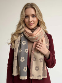 LARGE BLUSH PINK FLOWER PRINT REVERSIBLE WINTER SHAWL BLANKET SCARF