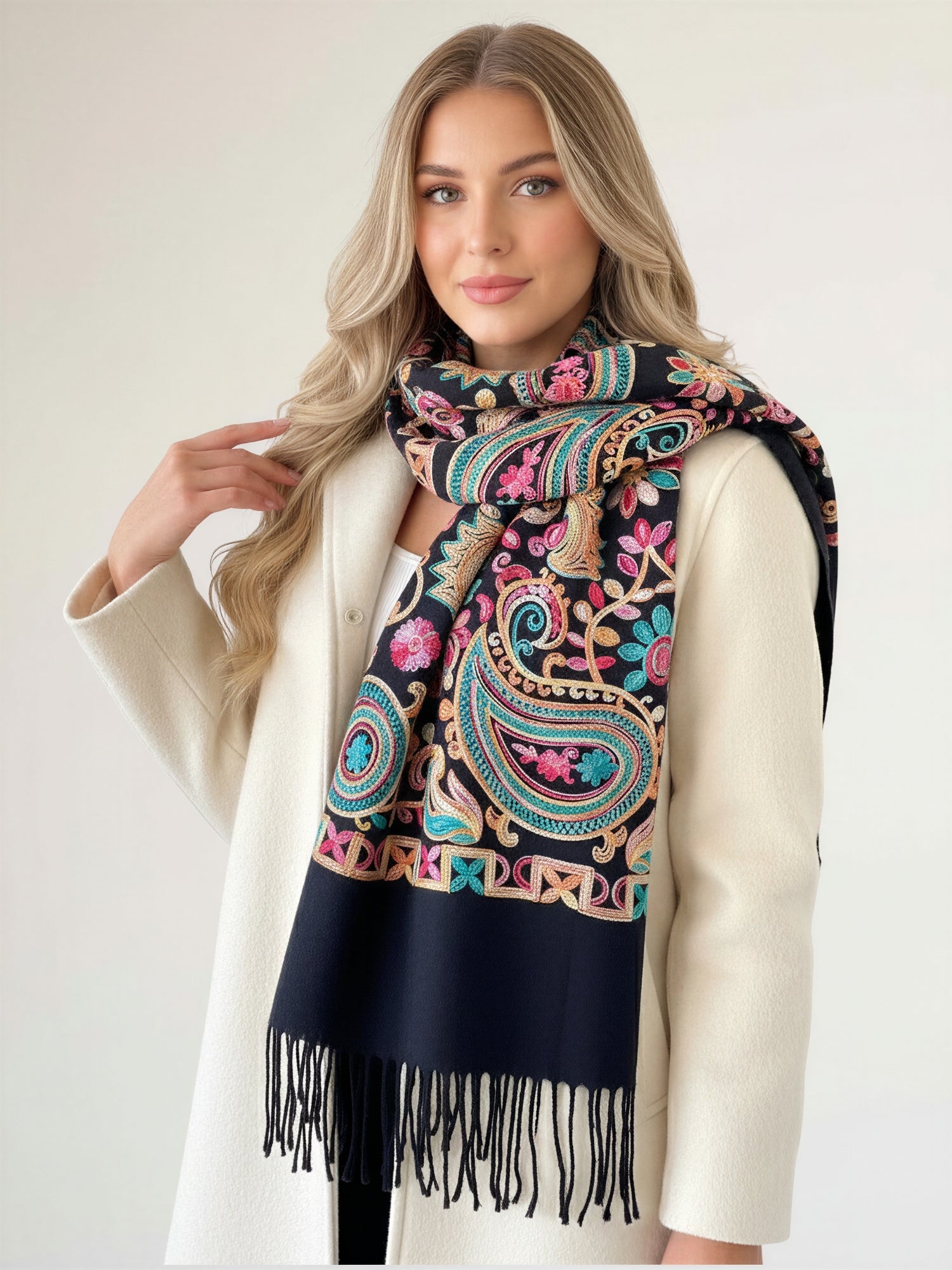 LARGE BLACK COLOURFUL PAISLEY CASHMERE COTTON BLEND WINTER SHAWL BLANKET SCARF