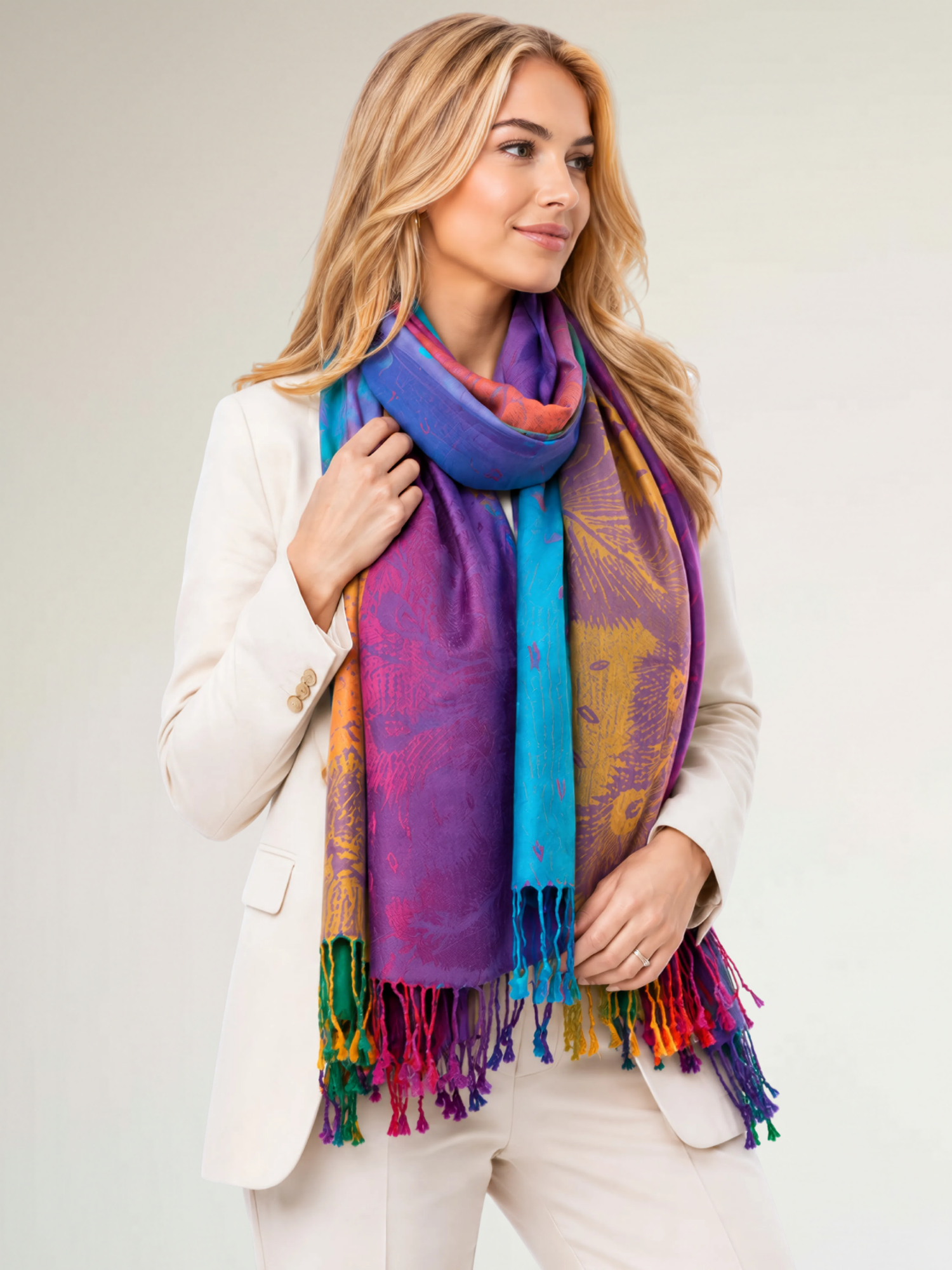 LARGE PURPLE RAINBOW FEATHER AND LEAF PRINT PASHMINA SHAWL SCARF