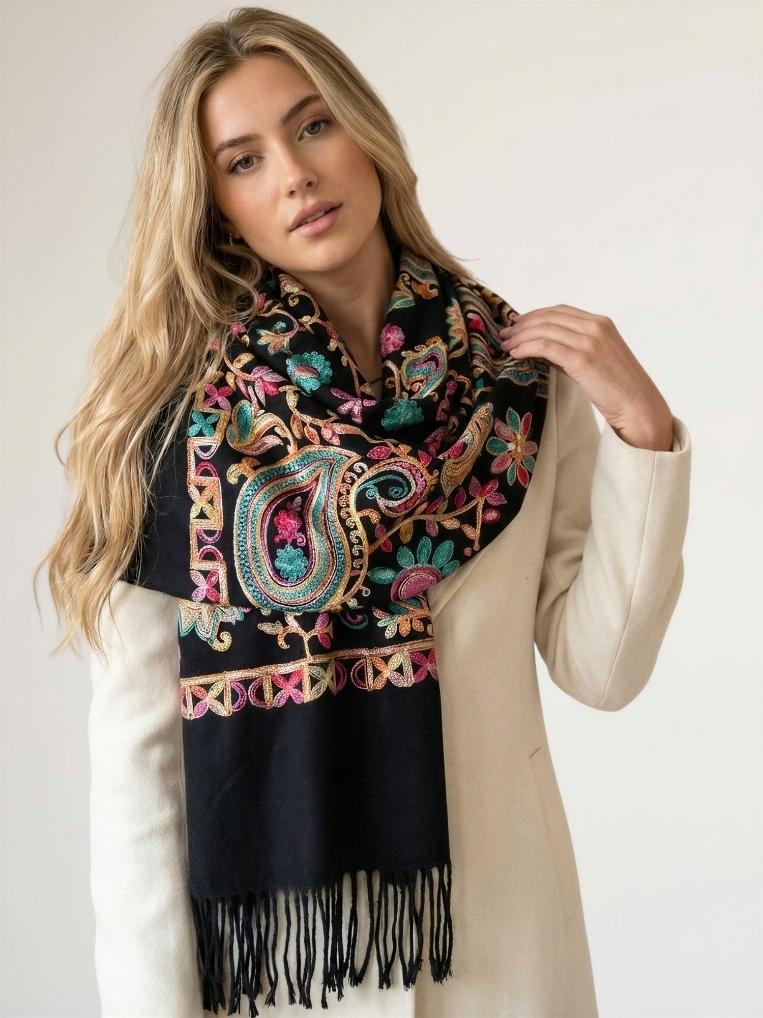 LARGE BLACK COLOURFUL PAISLEY CASHMERE COTTON BLEND WINTER SHAWL BLANKET SCARF