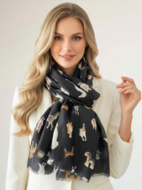 BLACK COTTON BLEND DOG PRINT LIGHTWEIGHT SCARF - A-SHU.CO.UK