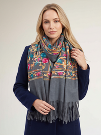 LARGE GREY FLOWER PRINT CASHMERE COTTON BLEND WINTER SHAWL BLANKET SCARF