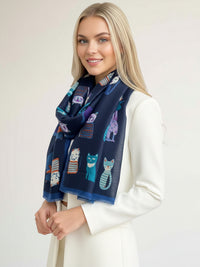 NAVY BLUE COTTON BLEND CAT PRINT LIGHTWEIGHT SCARF