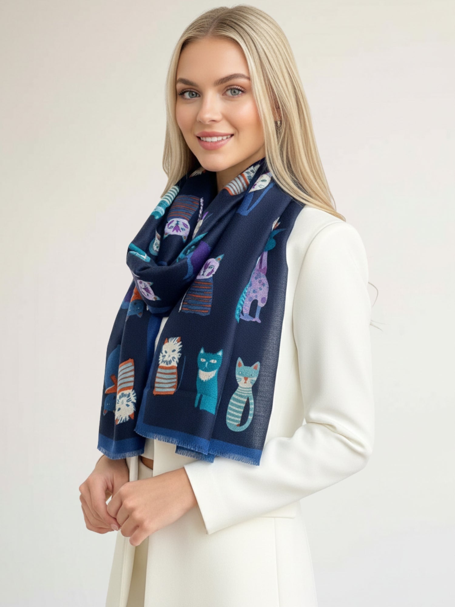 NAVY BLUE COTTON BLEND CAT PRINT LIGHTWEIGHT SCARF