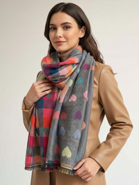 LARGE CHECKED HEART PRINT REVERSIBLE WINTER SHAWL BLANKET SCARF - SILVER GREY