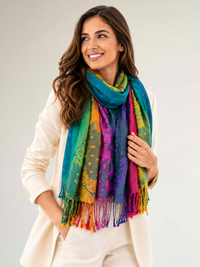 LARGE EMERALD RAINBOW FEATHER AND LEAF PRINT PASHMINA SHAWL SCARF