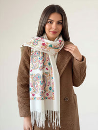 LARGE CREAM COLOURFUL PAISLEY CASHMERE COTTON BLEND WINTER SHAWL BLANKET SCARF