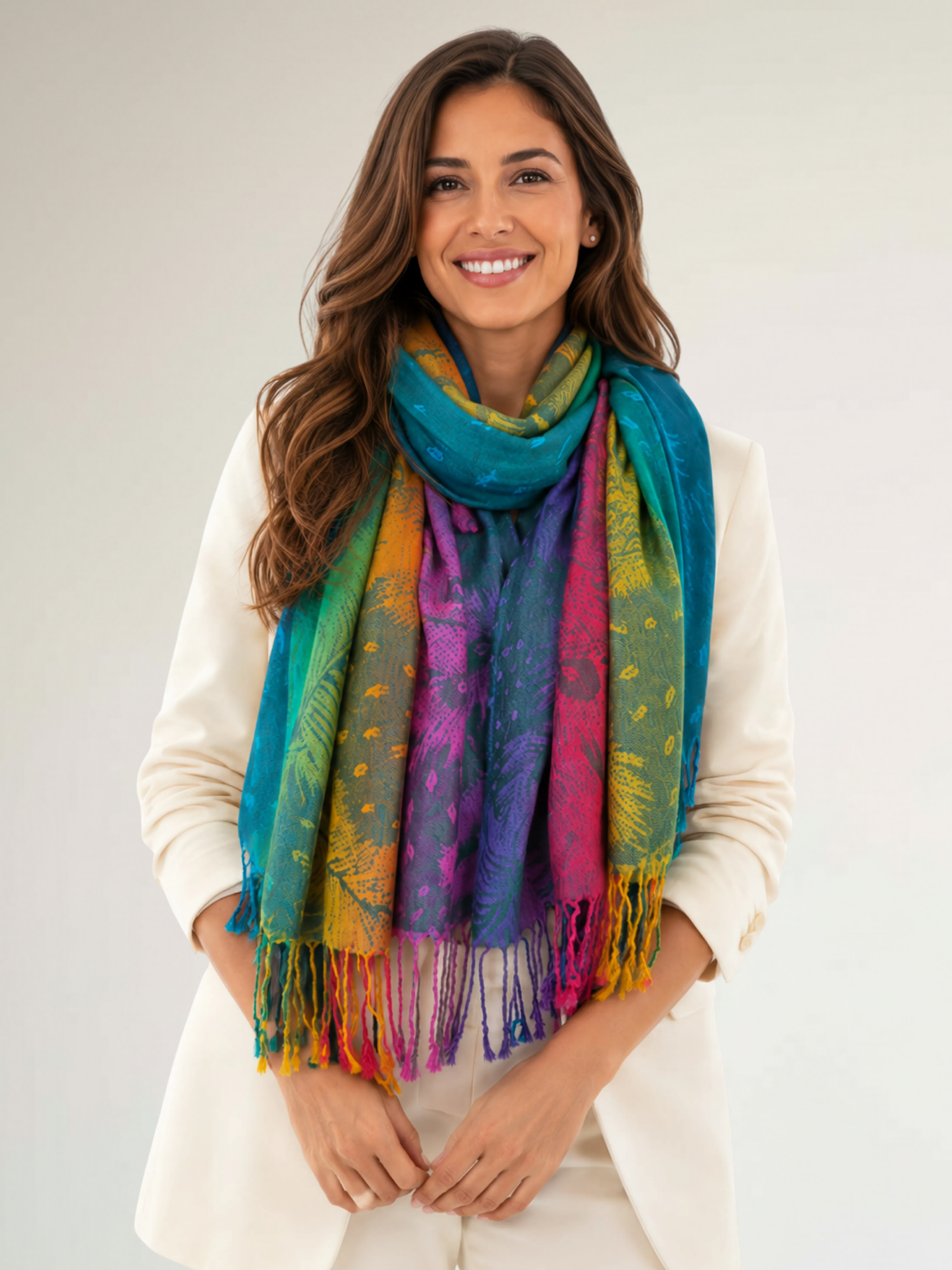 LARGE EMERALD RAINBOW FEATHER AND LEAF PRINT PASHMINA SHAWL SCARF