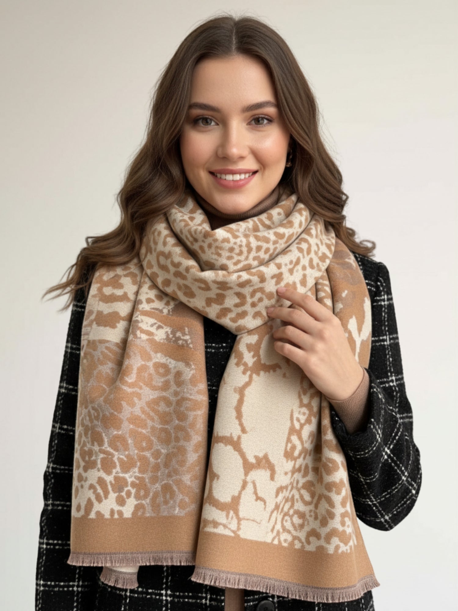 LARGE CAMEL ZEBRA LEOPARD PRINT REVERSIBLE WINTER SHAWL BLANKET SCARF