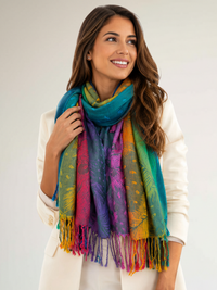 LARGE EMERALD RAINBOW FEATHER AND LEAF PRINT PASHMINA SHAWL SCARF