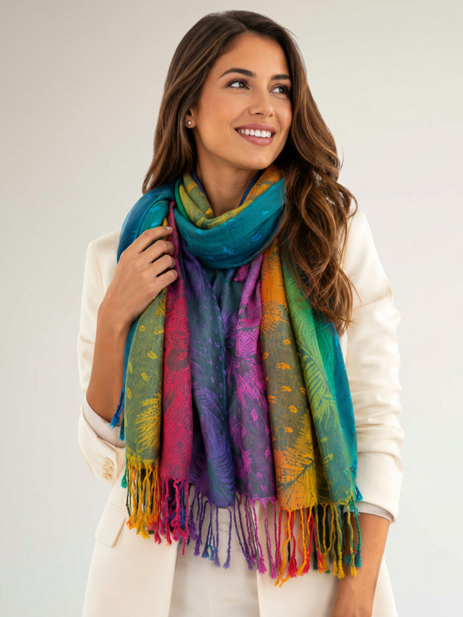 LARGE EMERALD RAINBOW FEATHER AND LEAF PRINT PASHMINA SHAWL SCARF