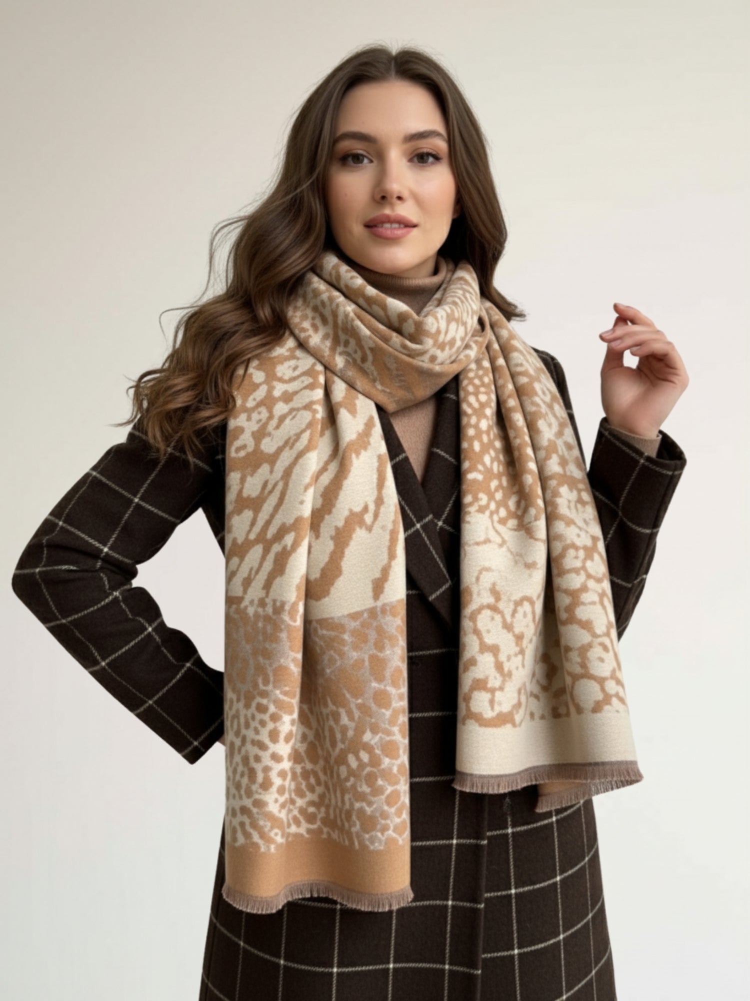 LARGE CAMEL ZEBRA LEOPARD PRINT REVERSIBLE WINTER SHAWL BLANKET SCARF