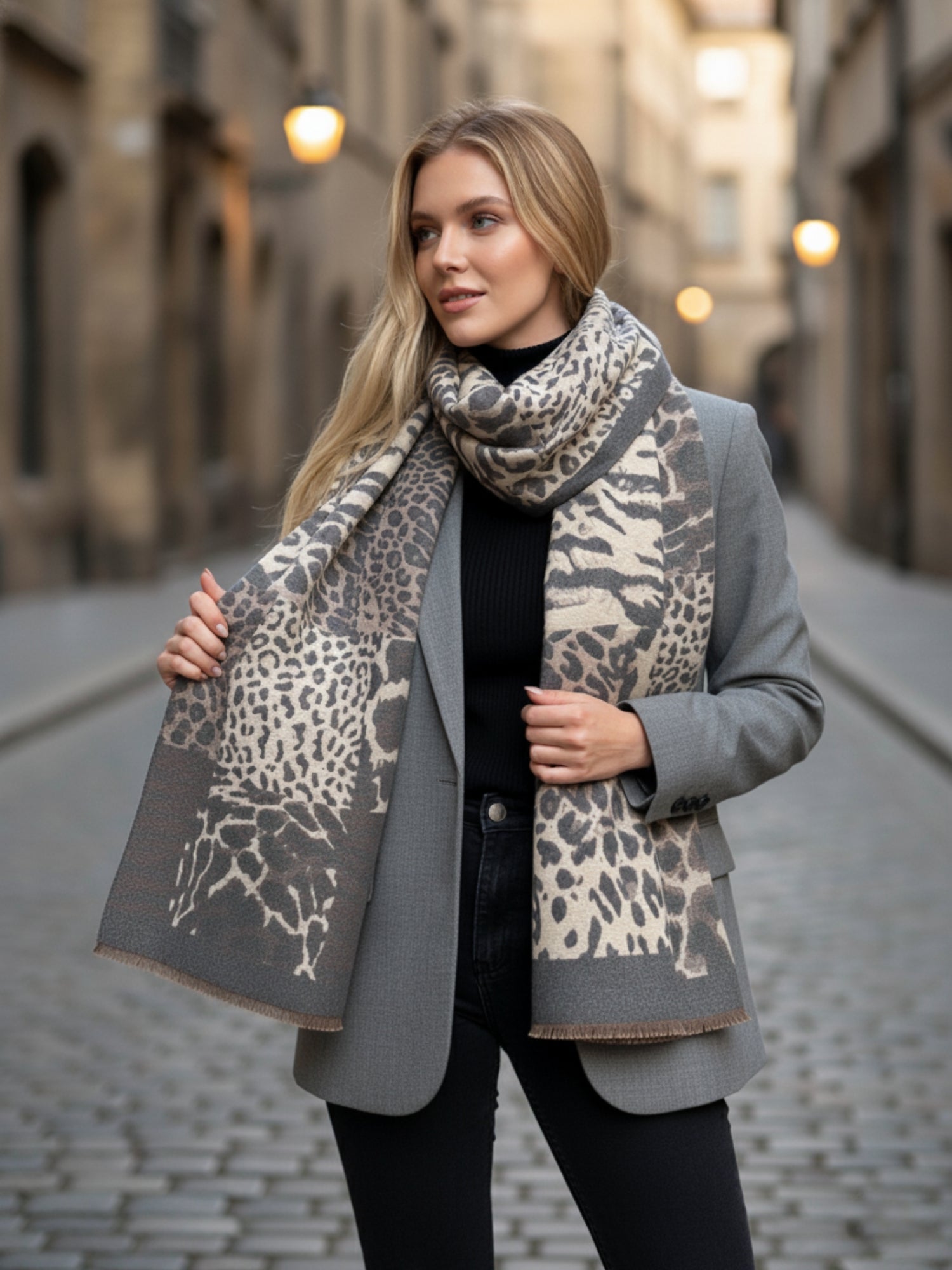 LARGE GREY ZEBRA LEOPARD PRINT REVERSIBLE WINTER SHAWL BLANKET SCARF