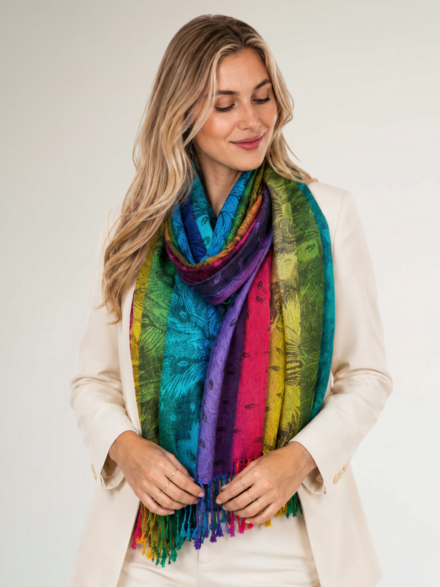 LARGE BLACK RAINBOW FEATHER AND LEAF PRINT PASHMINA SHAWL SCARF