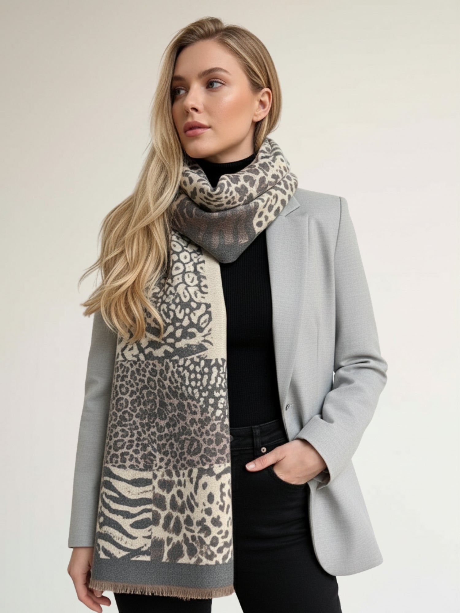 LARGE GREY ZEBRA LEOPARD PRINT REVERSIBLE WINTER SHAWL BLANKET SCARF