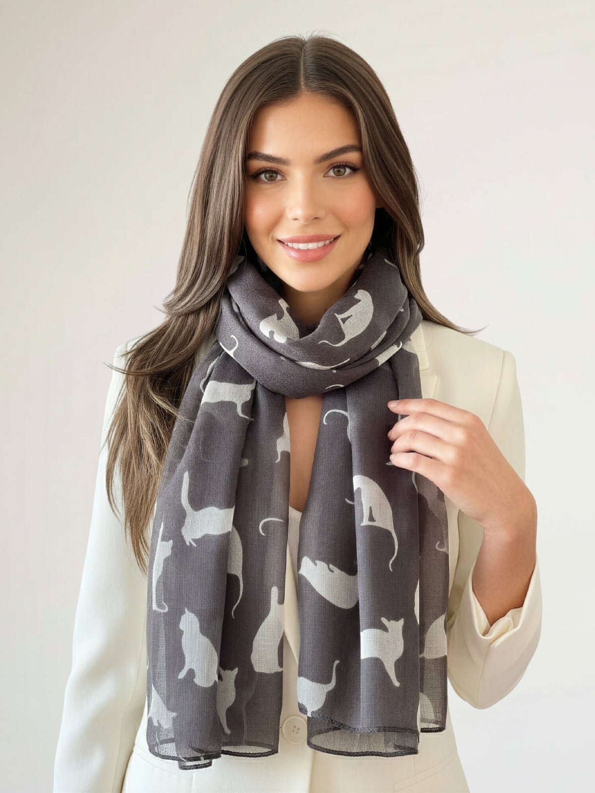 LIGHTWEIGHT PLAIN GREY AND WHITE CAT SCARF - A-SHU.CO.UK