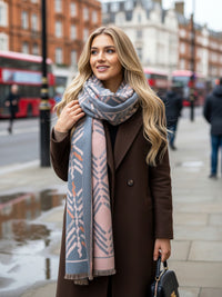 LARGE GREY RETRO PRINT REVERSIBLE WOOL WINTER SHAWL BLANKET SCARF