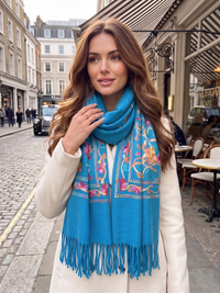 LARGE BLUE FLOWER PRINT CASHMERE COTTON BLEND WINTER SHAWL BLANKET SCARF