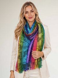 LARGE BLACK RAINBOW FEATHER AND LEAF PRINT PASHMINA SHAWL SCARF