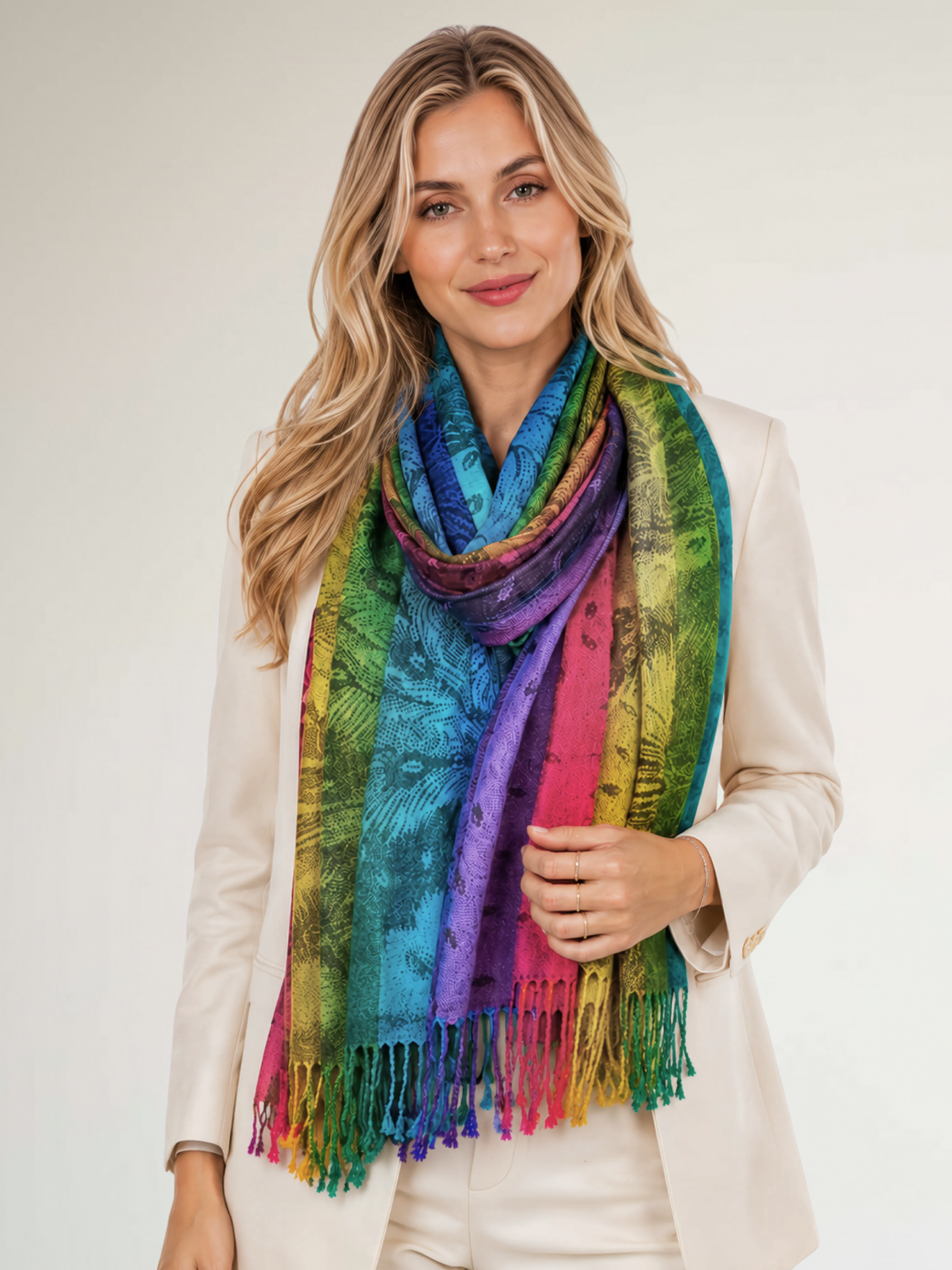 LARGE BLACK RAINBOW FEATHER AND LEAF PRINT PASHMINA SHAWL SCARF