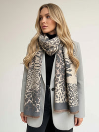 LARGE GREY ZEBRA LEOPARD PRINT REVERSIBLE WINTER SHAWL BLANKET SCARF