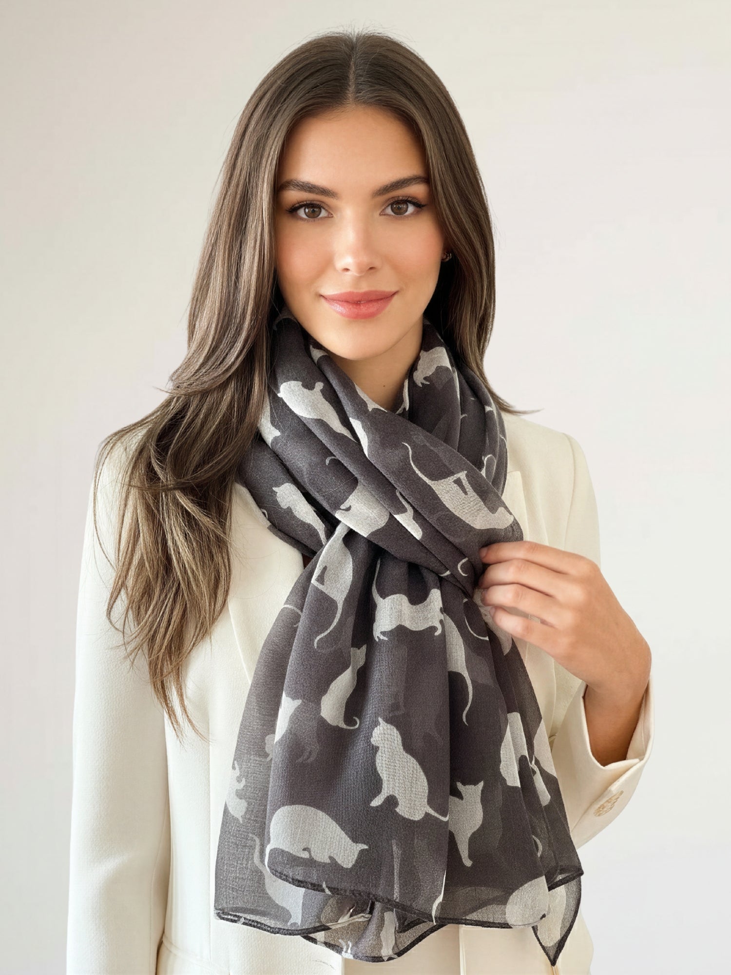 LIGHTWEIGHT PLAIN GREY AND WHITE CAT SCARF - A-SHU.CO.UK