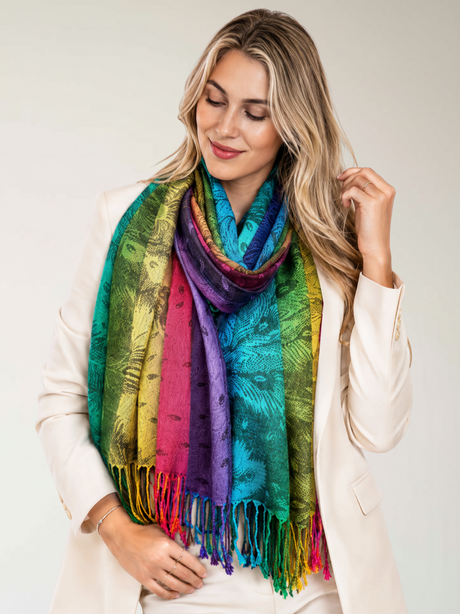 LARGE BLACK RAINBOW FEATHER AND LEAF PRINT PASHMINA SHAWL SCARF