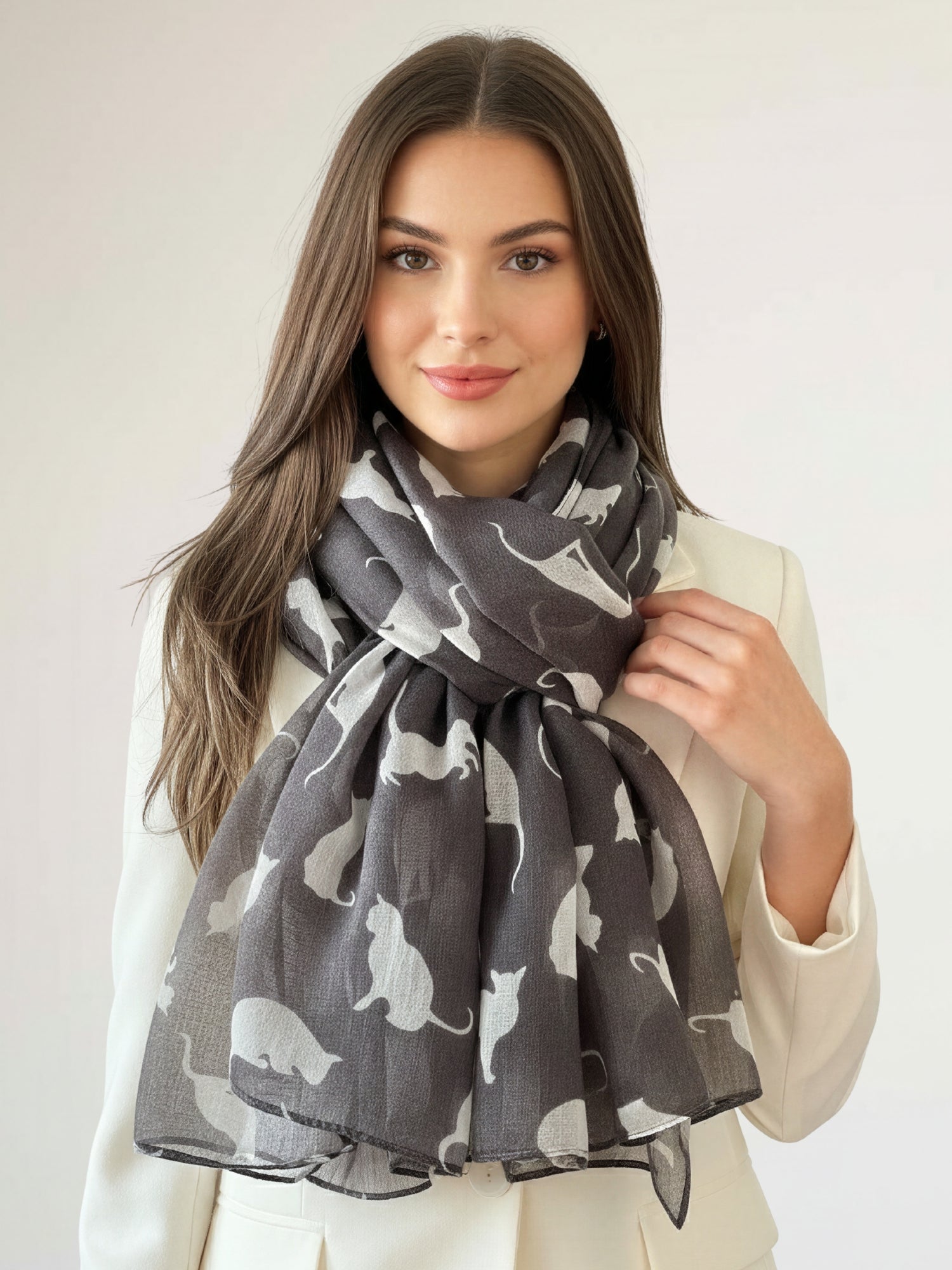 LIGHTWEIGHT PLAIN GREY AND WHITE CAT SCARF - A-SHU.CO.UK