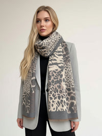 LARGE GREY ZEBRA LEOPARD PRINT REVERSIBLE WINTER SHAWL BLANKET SCARF