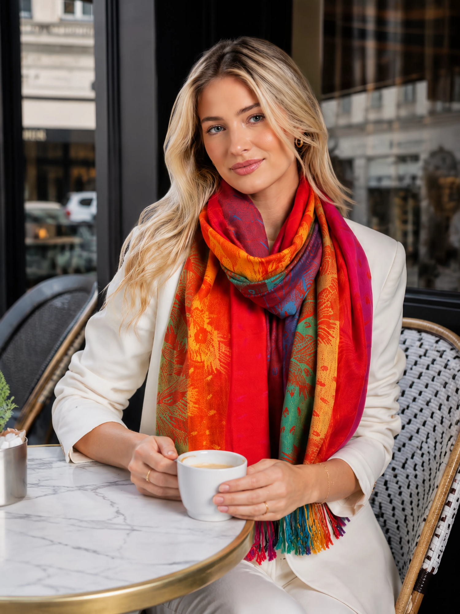LARGE SUNSET RAINBOW FEATHER AND LEAF PRINT PASHMINA SHAWL SCARF