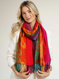 LARGE SUNSET RAINBOW FEATHER AND LEAF PRINT PASHMINA SHAWL SCARF