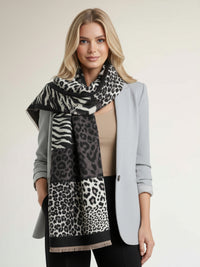 LARGE BLACK ZEBRA LEOPARD PRINT REVERSIBLE WINTER SHAWL BLANKET SCARF