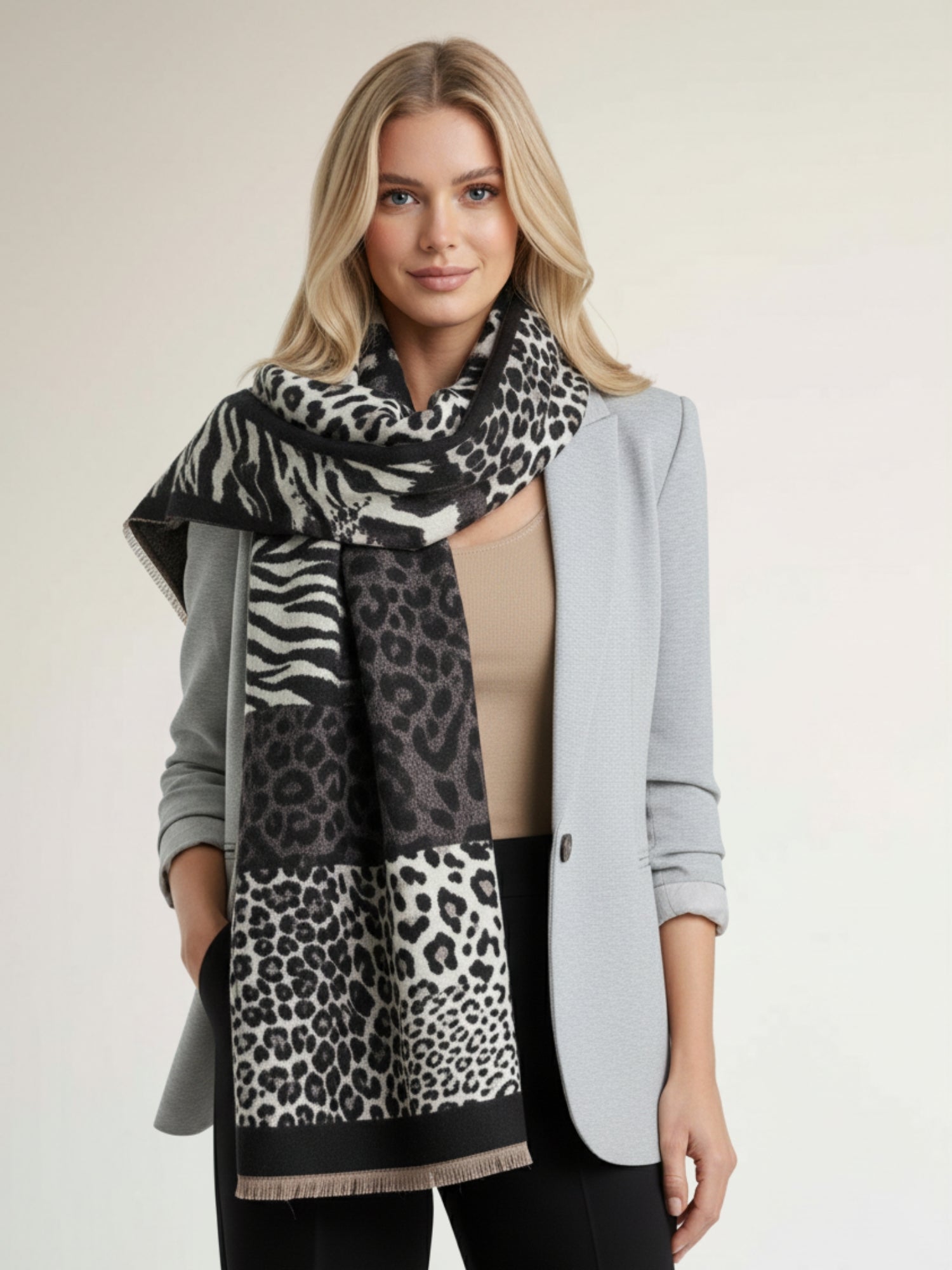 LARGE BLACK ZEBRA LEOPARD PRINT REVERSIBLE WINTER SHAWL BLANKET SCARF
