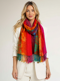 LARGE SUNSET RAINBOW FEATHER AND LEAF PRINT PASHMINA SHAWL SCARF