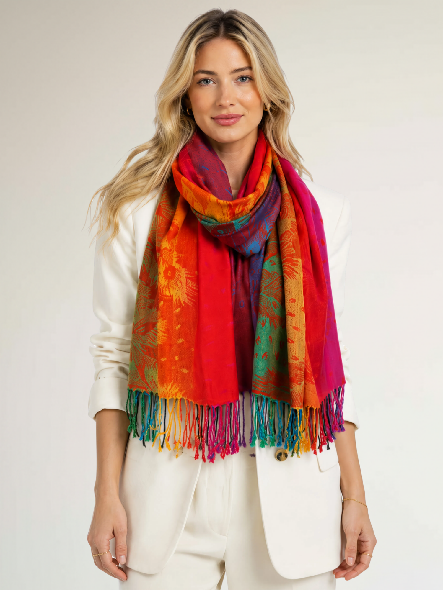 LARGE SUNSET RAINBOW FEATHER AND LEAF PRINT PASHMINA SHAWL SCARF