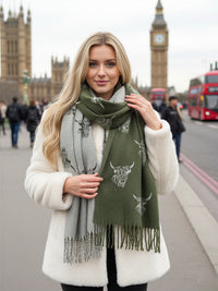 LARGE OLIVE BEIGE HIGHLAND COW CASHMERE REVERSIBLE SHAWL SCARF