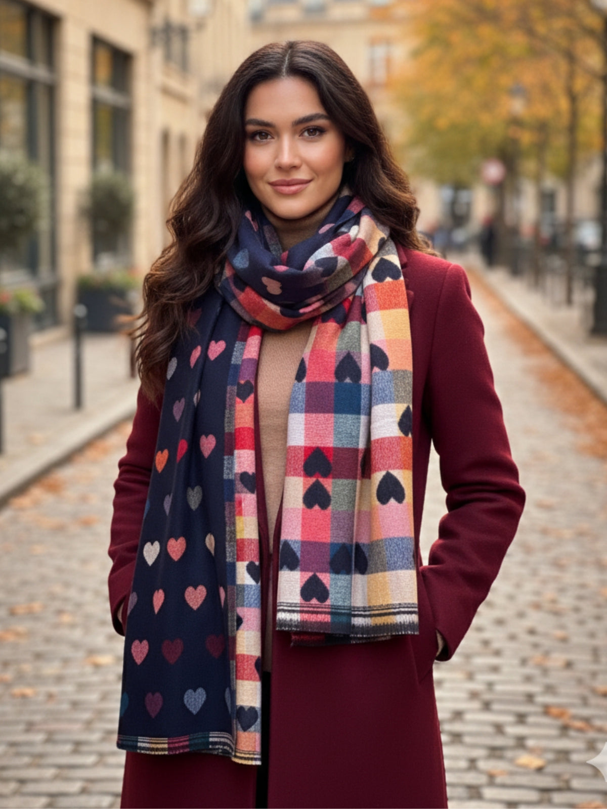 LARGE CHECKED HEART PRINT REVERSIBLE WINTER SHAWL BLANKET SCARF - NAVY BLUE