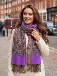 LARGE PLAIN PURPLE REVERSIBLE MULTI COLOUR PAISLEY PRINT PASHMINA SHAWL SCARF WRAP - A-SHU.CO.UK