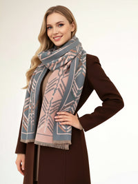 LARGE GREY RETRO PRINT REVERSIBLE WOOL WINTER SHAWL BLANKET SCARF