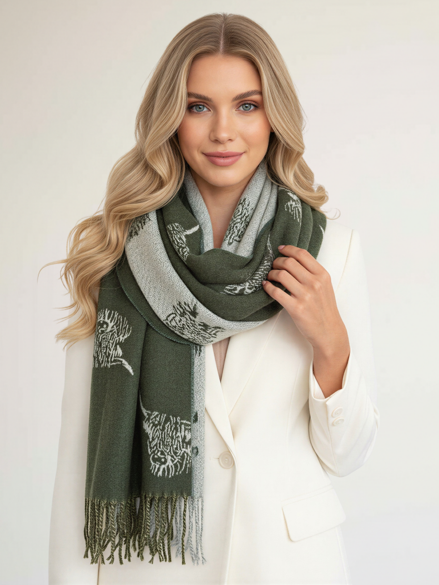 LARGE OLIVE BEIGE HIGHLAND COW CASHMERE REVERSIBLE SHAWL SCARF