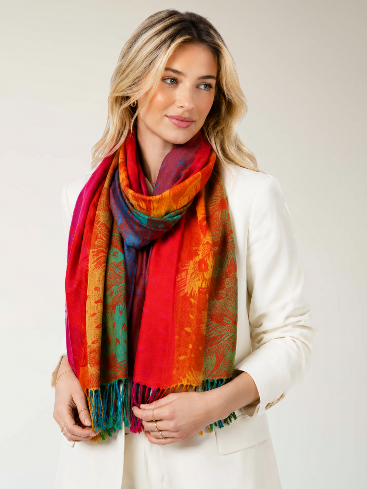 LARGE SUNSET RAINBOW FEATHER AND LEAF PRINT PASHMINA SHAWL SCARF